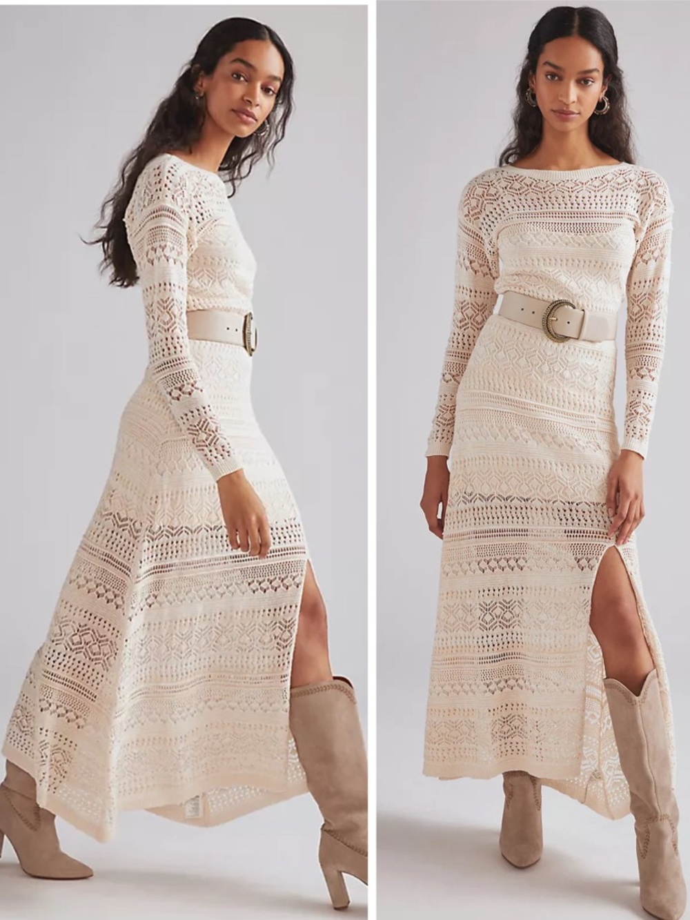 Anthropologie Crochet Maxi Long Sleeve Dress Size Medium Cream Romantic Boho